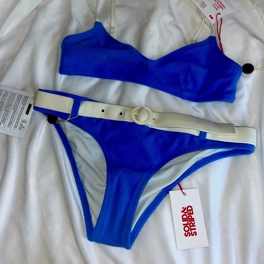SOLID & STRIPED Blue and White Buckle Bikini